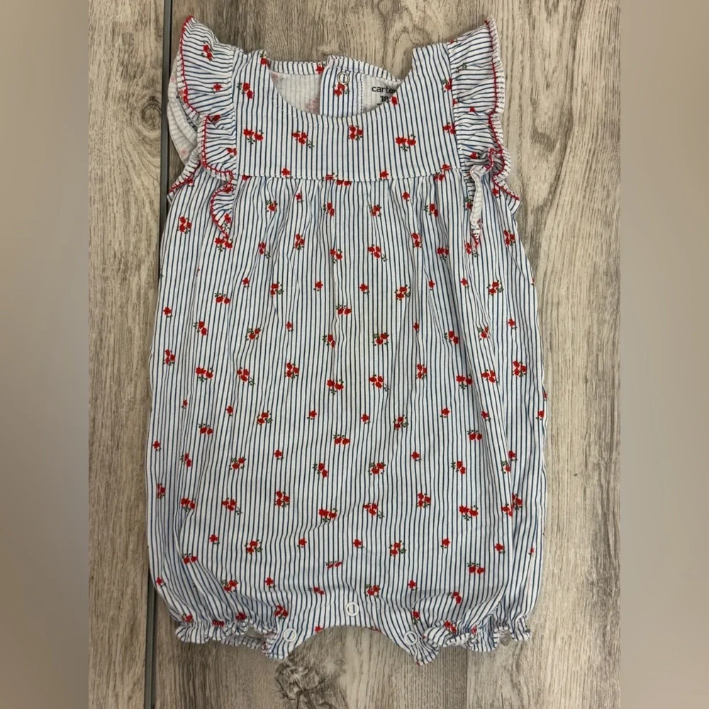 Carter's Blue and Red floral  Print Blouse with Smocked Detail